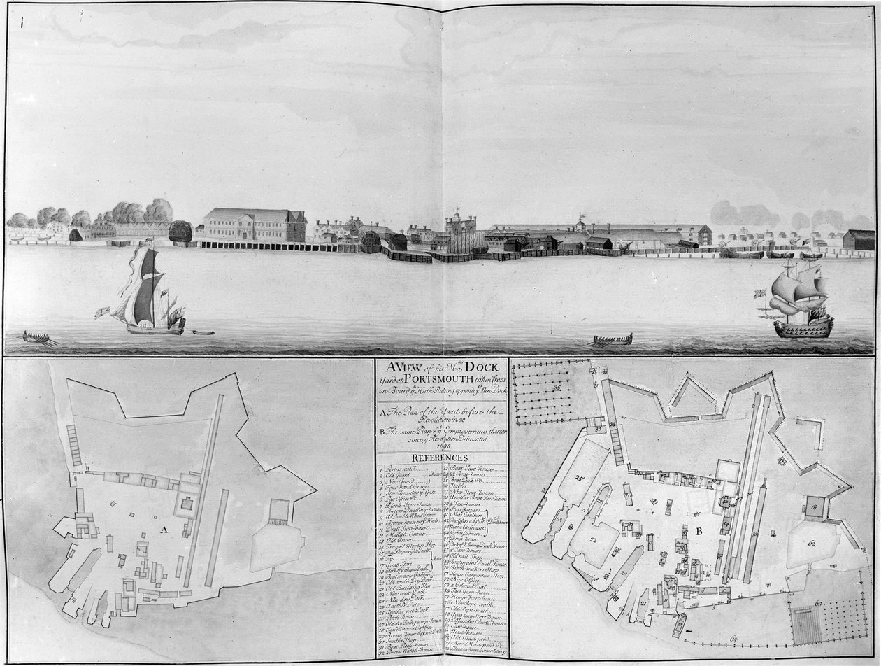 En vy av His Majestys Dockyard i Portsmouth tagen från mittemot New Dock, 1698 av English School