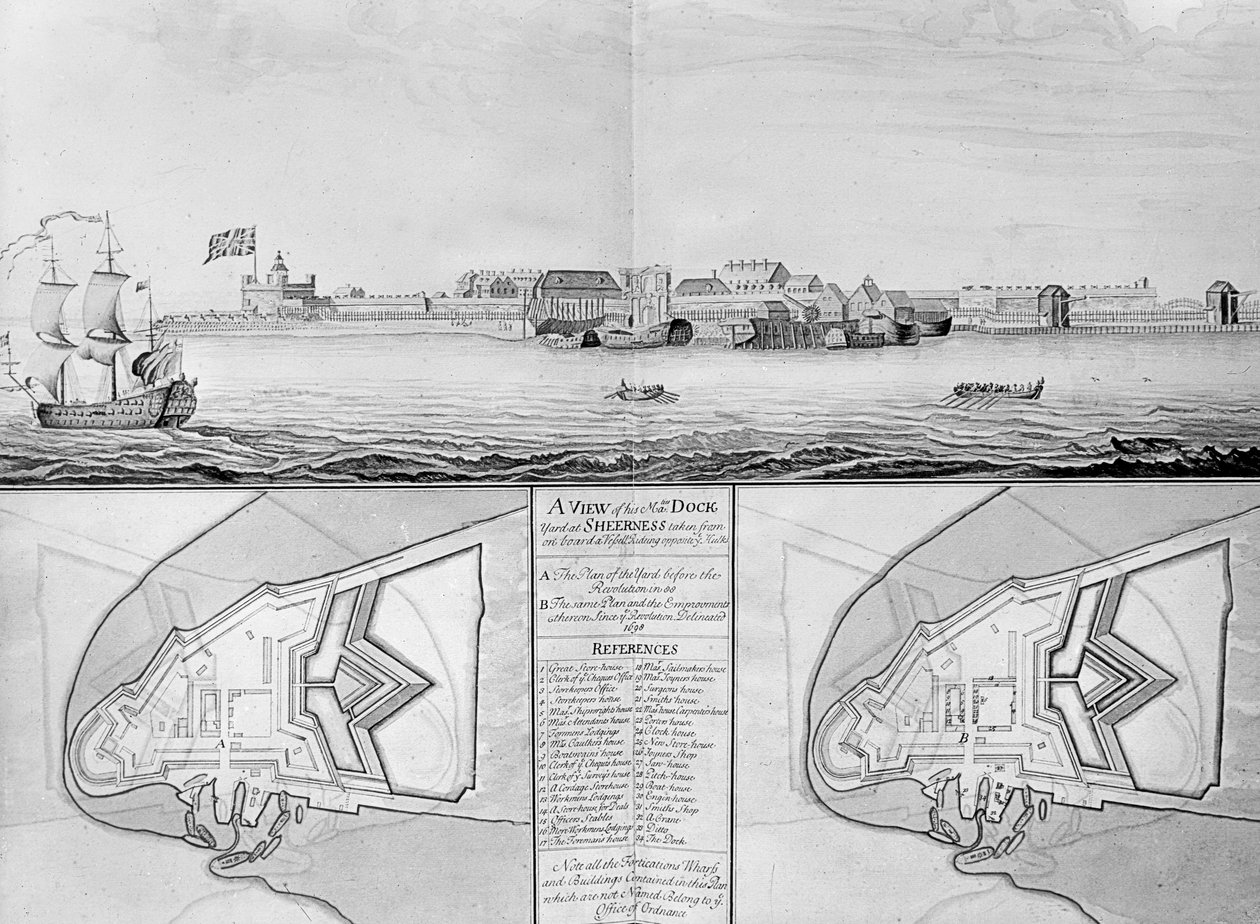 En vy över His Majestys Dockyard i Sheerness, 1698 av English School