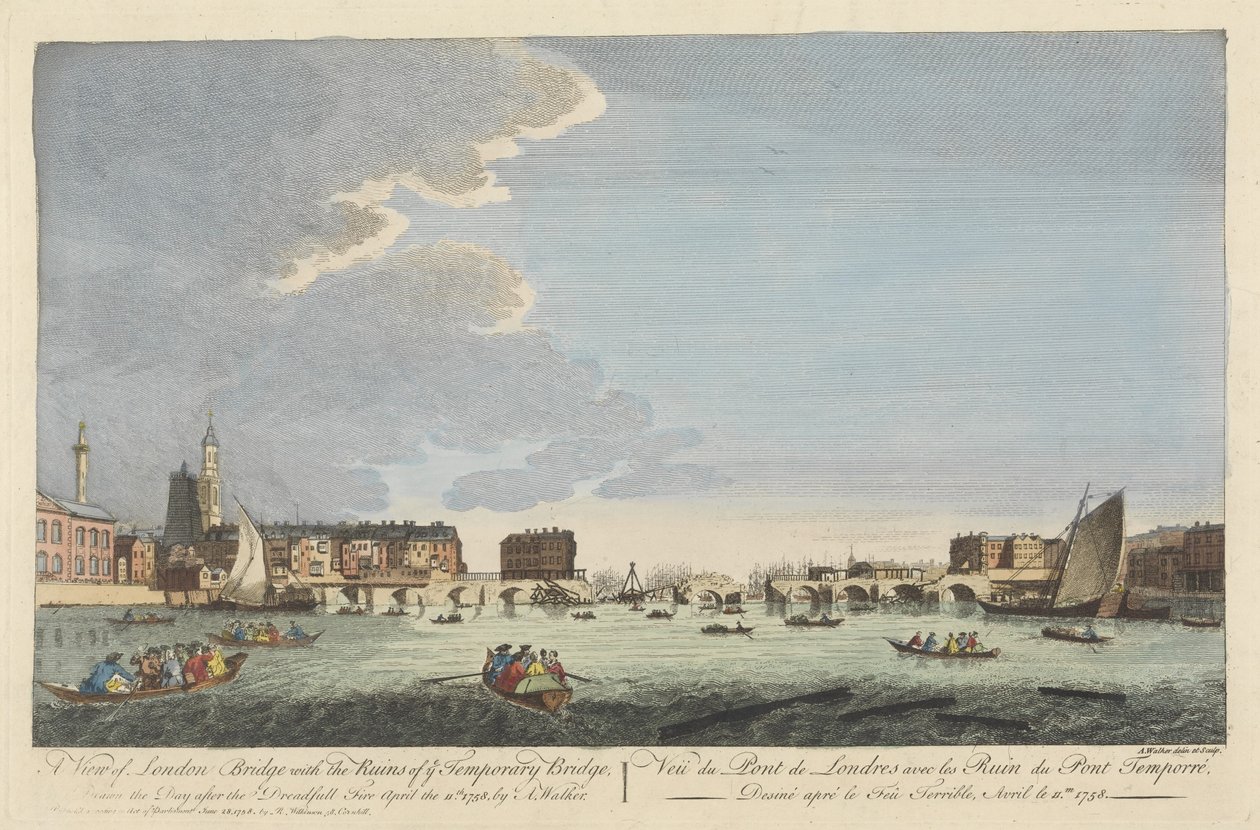 En vy över London Bridge med ruinerna av den tillfälliga bron efter branden den 11 april 1758 (färgad gravyr) av English School