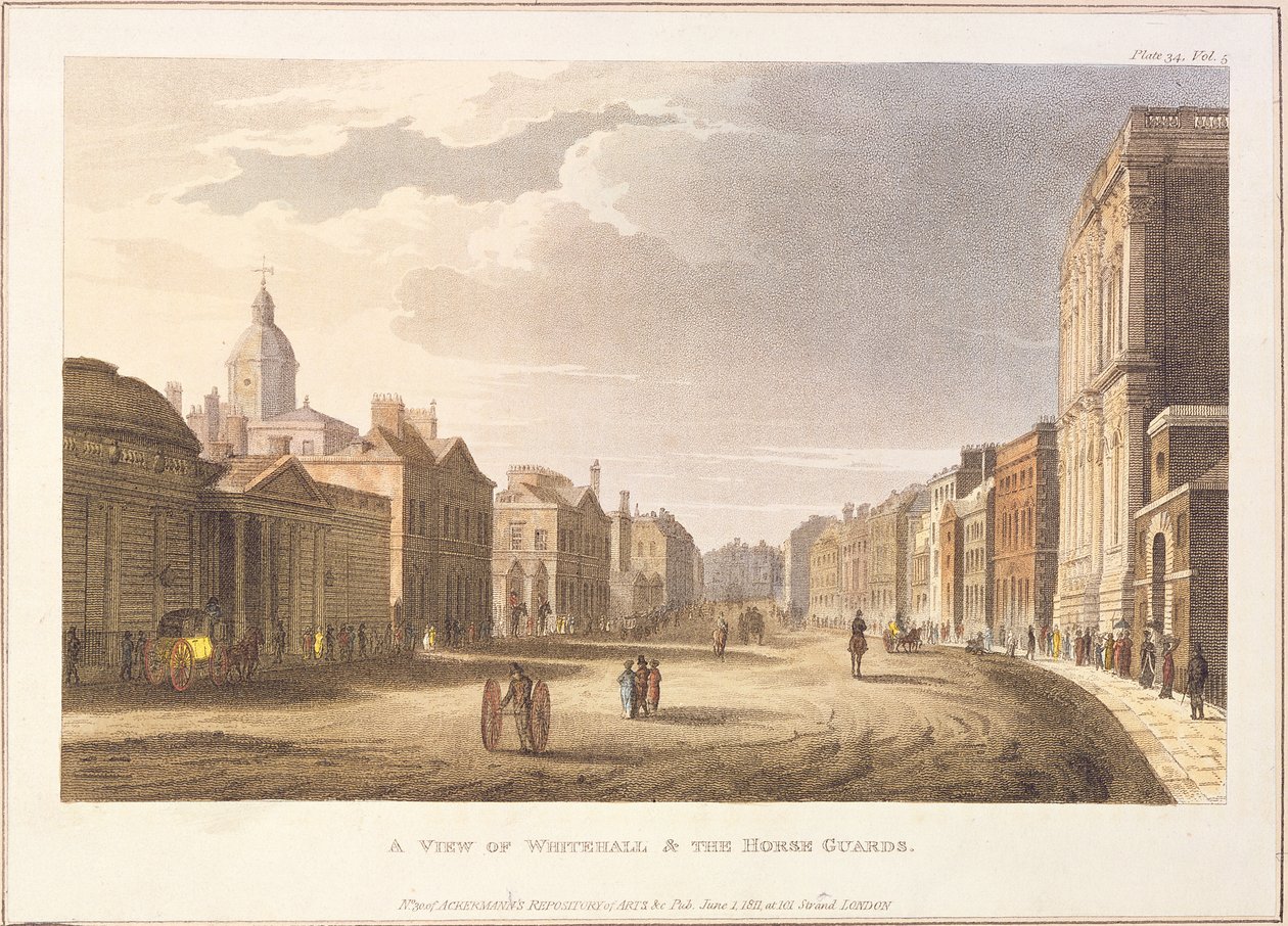 En utsikt över Whitehall och The Horse Guards, från Ackermanns Repository of Arts, 1 juni 1811 av English School