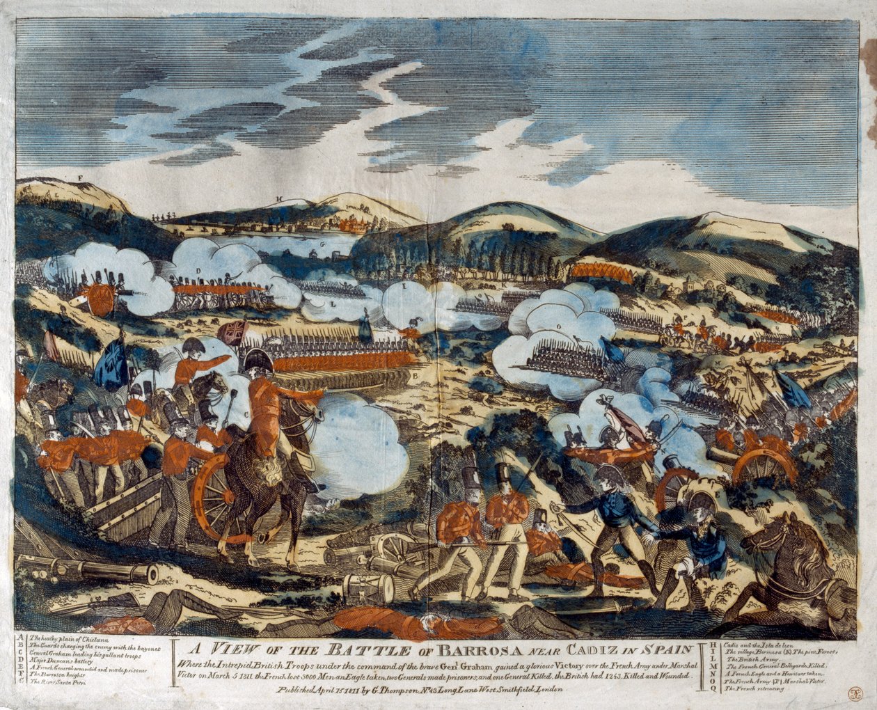 En utsikt över slaget vid Barossa, 1811 (färgat träsnitt) av English School