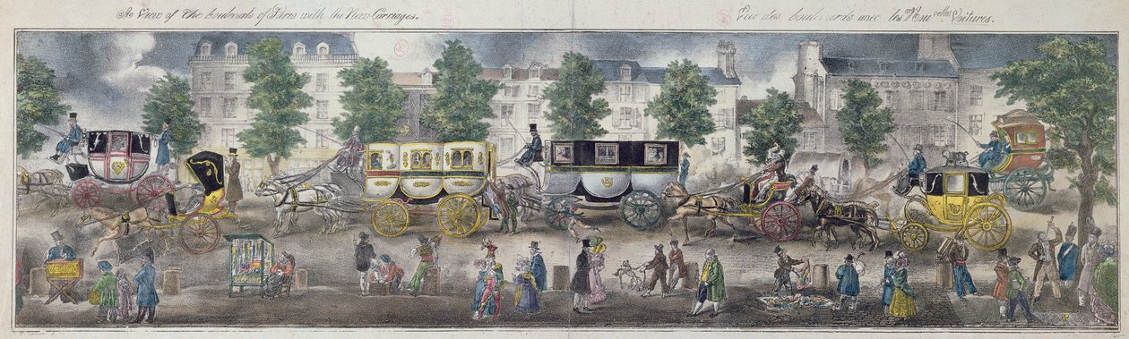 En vy över boulevarderna i Paris med de nya vagnarna, 1828 (färggravyr) av English School