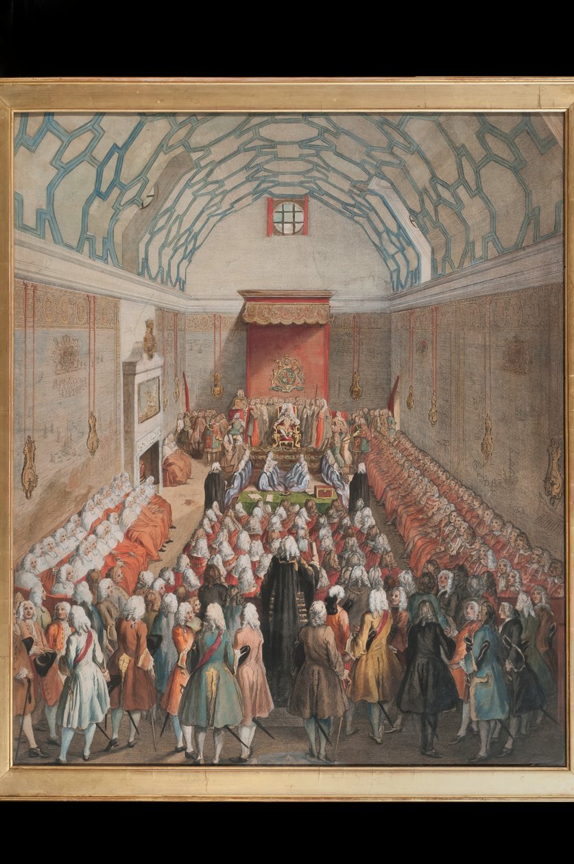 A View of the House of Lords, graverad av Benjamin Cole (fl.1748-75) c.1755 (handfärgad gravyr) av English School
