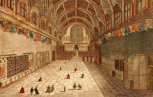 En vy av insidan av Westminster Hall (gravyr) av English School