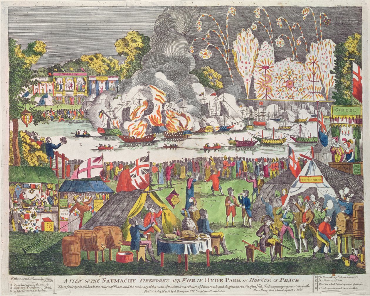 A View of the Naumachy, Fireworks and Fair in Hyde Park in Honor of Peace, publicerad av G. Thompson, 1814 av English School