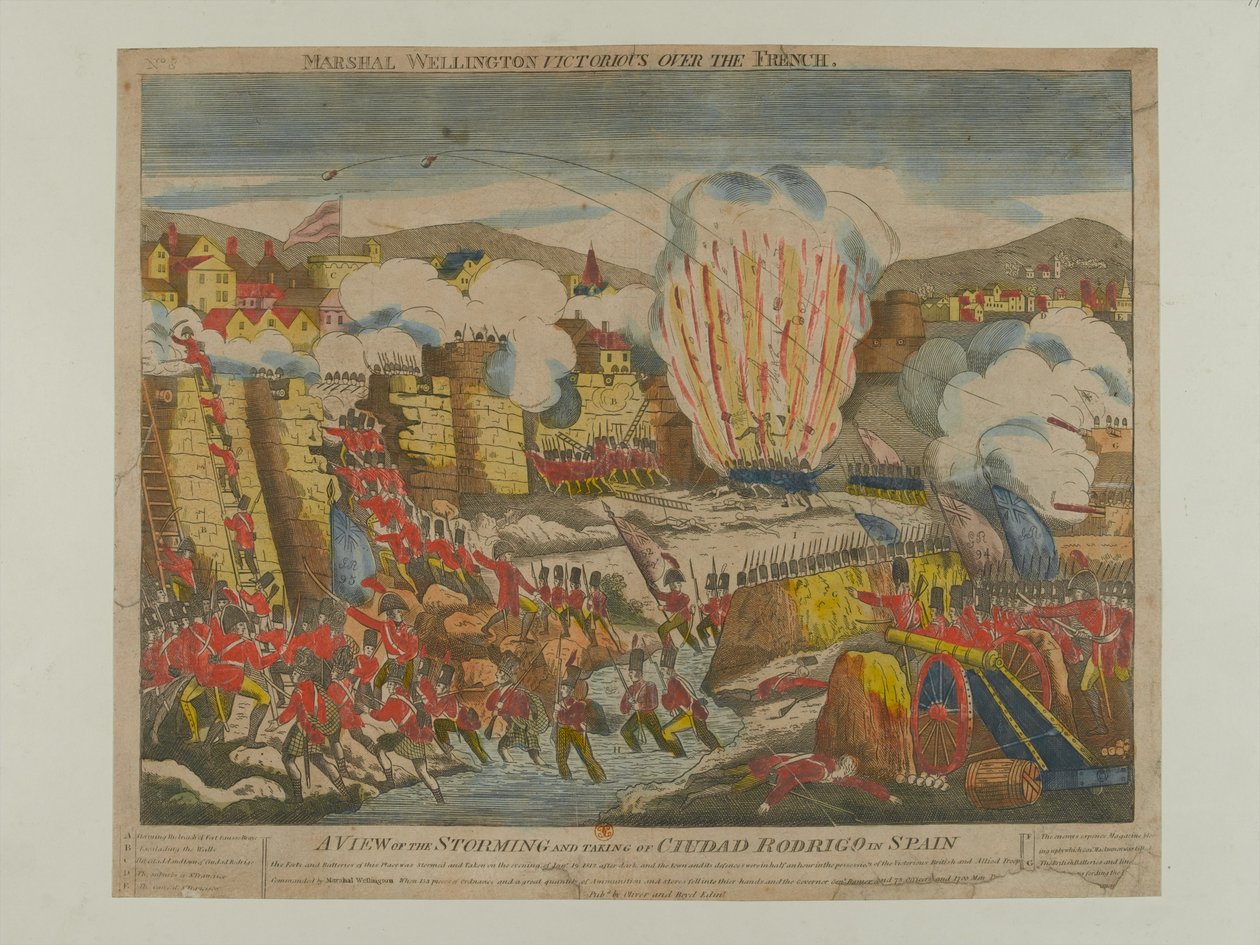 En syn på stormningen och intagandet av Ciudad Rodrigo i Spanien 1812, publicerad av Oliver och Boyd 1812 av English School