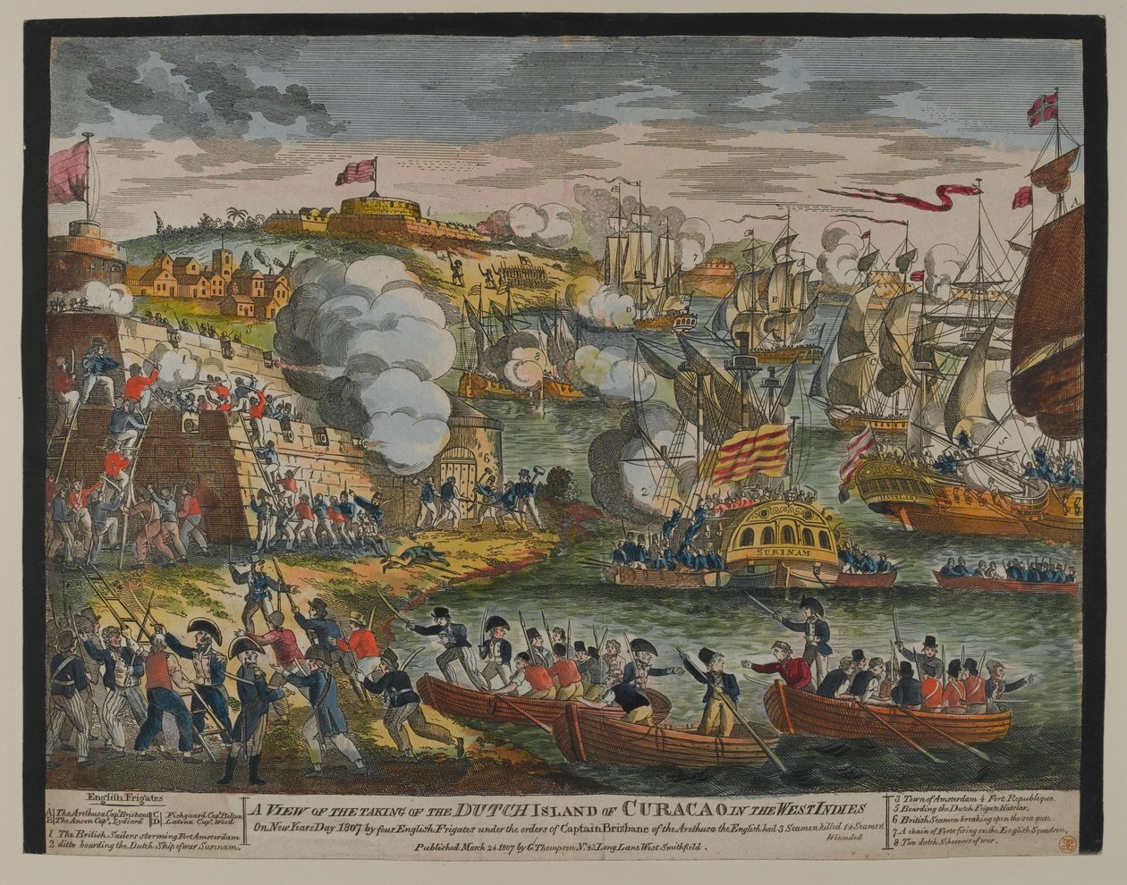 En vy över intagandet av den holländska ön Curacoa i Västindien, 1 januari 1807, publicerad av G. Thompson 1807 (färgat träsnitt) av English School