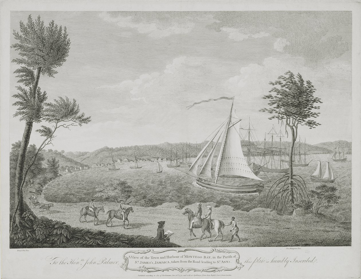 En utsikt över staden och hamnen i Montego Bay, i Parish of St. James, Jamaica, tagen från vägen som leder till St. Ann