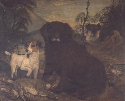 En vattenspaniel och två Jack Russells vid dagens väska av English School