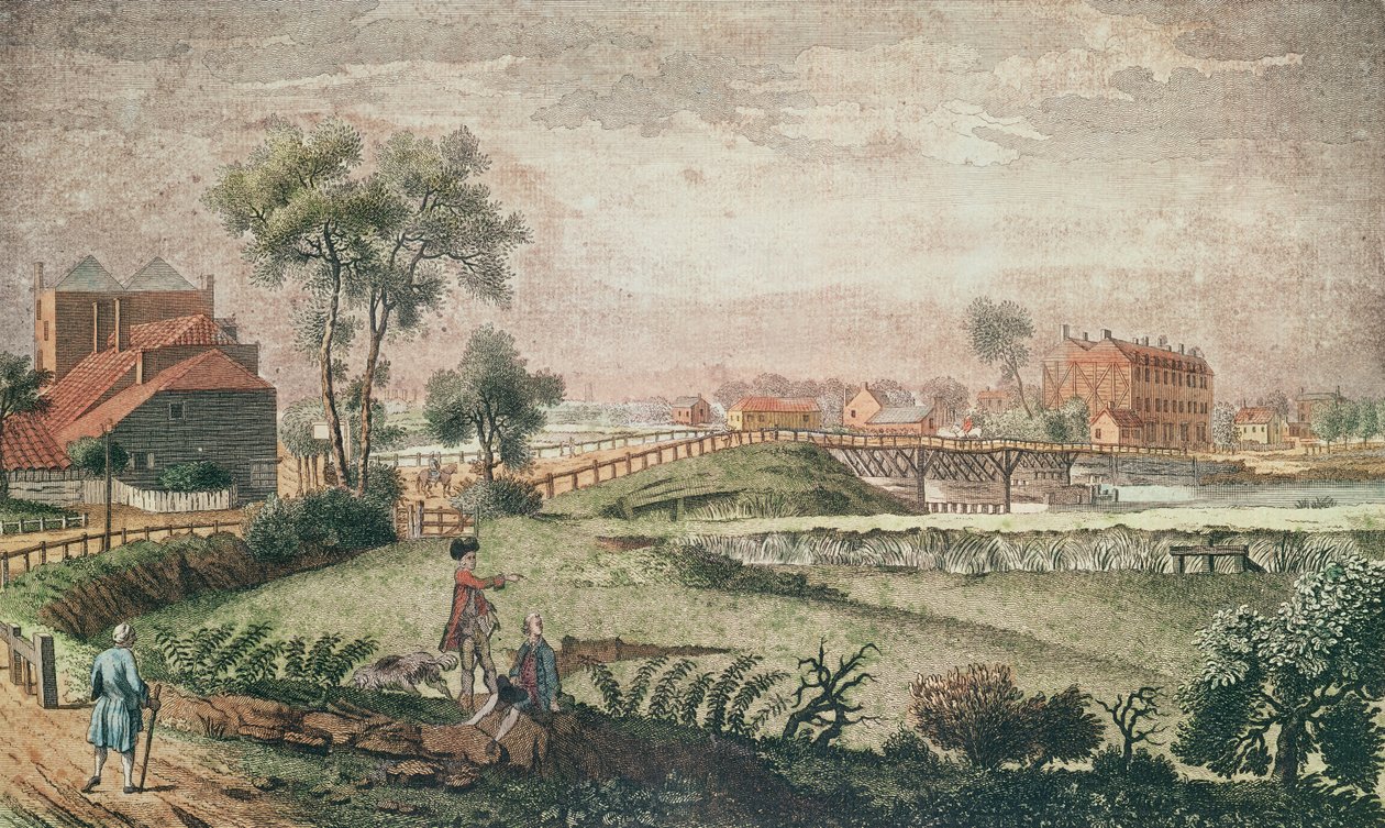 En västlig vy av Chelsea Bridge, 1761 (färggravyr) av English School