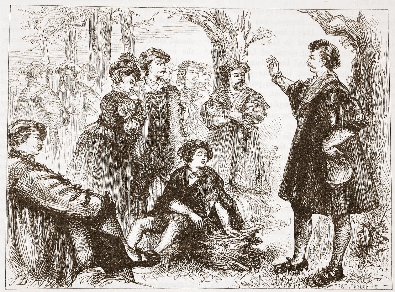 En Wittemberg student som predikar i lime-Tree Meadow, illustration från The History of Protestantism av James Aitken Wylie (1808-1890), pub. 1878 av English School