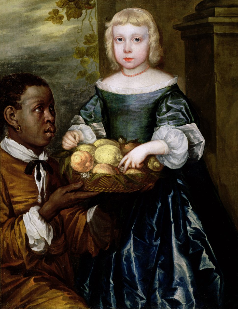 En ung flicka som erbjuds en fruktkorg av en tjänare, c.1650 av English School