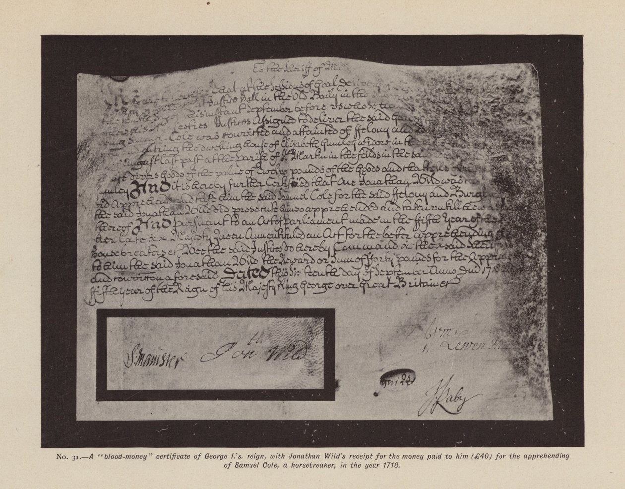 Ett "blood-money"-certifikat från George I." (litografi) av English School