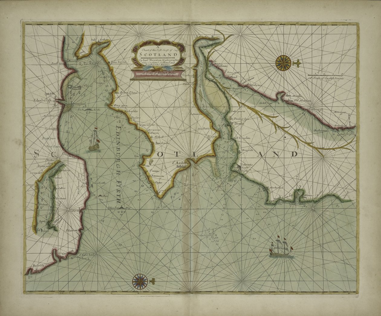Ett diagram över Skottlands östkust från en havsatlas som innehåller en hydrografisk beskrivning av de flesta av havskusterna i de kända delarna av världen av Samuel Thornton, 1707 (handfärgat tryck) av English School