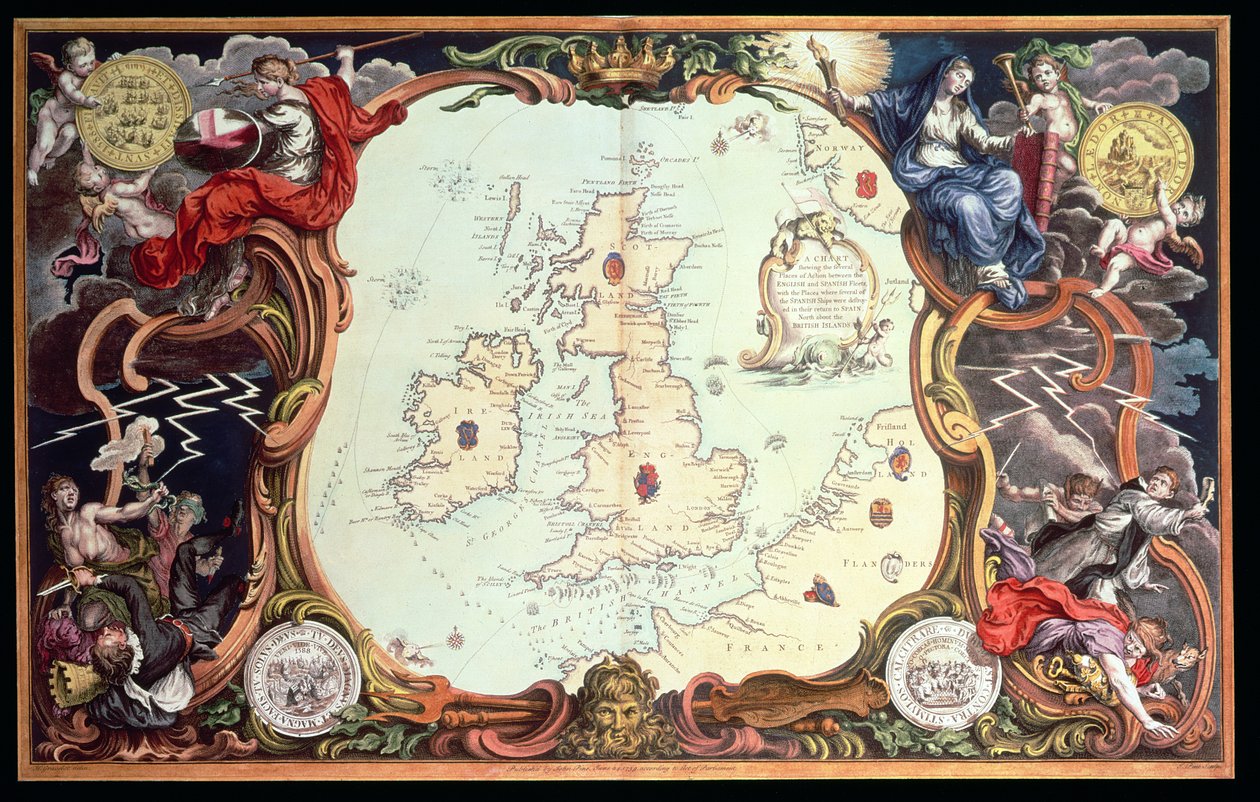Ett diagram som visar de olika aktionsplatserna mellan den engelska och spanska flottan, med platserna där flera av de spanska fartygen förstördes när de återvände till Spanien, publicerad 1739, av John Pine (handfärgad gravyr) av English School