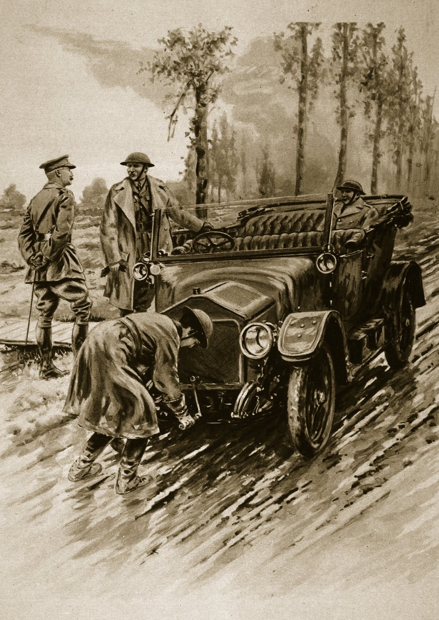 En chaufför för Womens Army Auxiliary Corps startar motorn på en officersbil, 1914-19 av English School