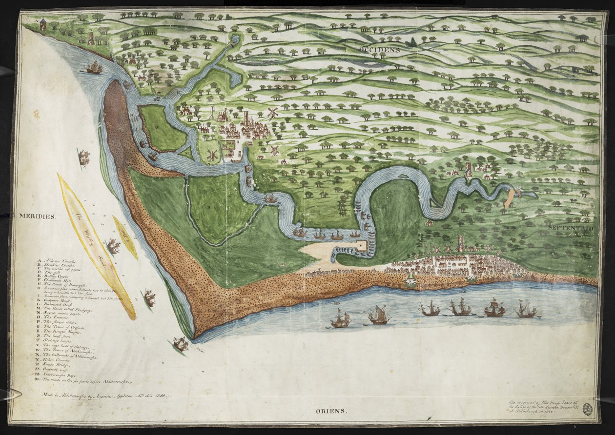 En färgad faksimilkopia av ett fågelperspektiv eller ett diagram över Suffolks kust från Alderton till Aldborough, inklusive Orford Ness (vellum) av English School