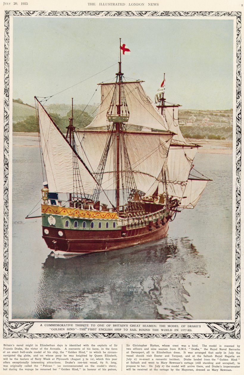 En minneshyllning till en av Storbritanniens stora sjömän: modellen av Drakes Golden Hind, det första engelska fartyget som seglade jorden runt 1577-80, från The Illustrated London News Royal Naval och Mi av English School