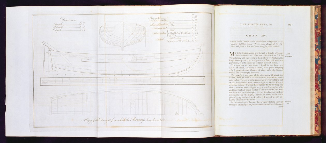 En kopia av utkastet från vilket The Bountys lansering byggdes, från A Voyage to the South Sea, av William Bligh (1754-1817), graverad av Mackenzie, publicerad 1792 (se även 174207, 174209) av English School