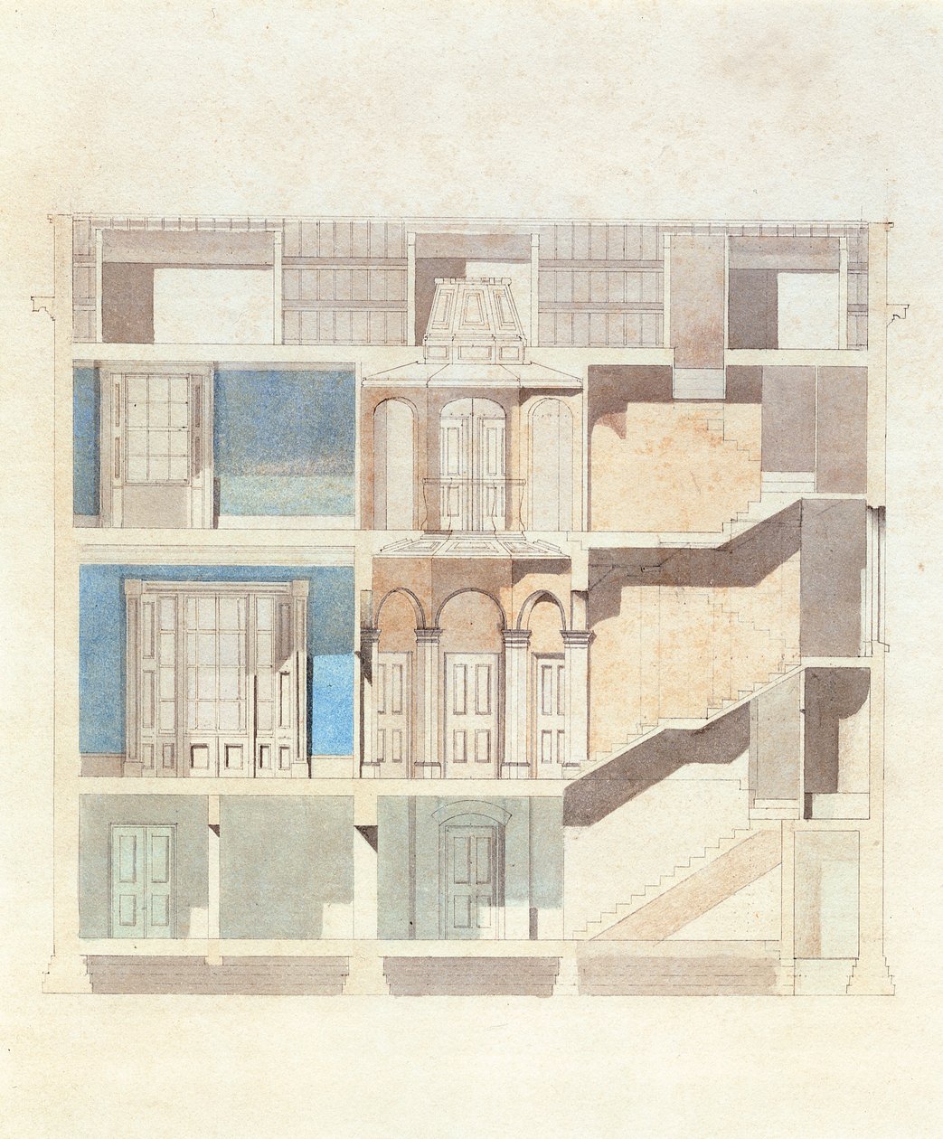 En tvärsnittsdesign för en klassisk radhusinteriör, ca 1840 (wc med penna och bläck) av English School