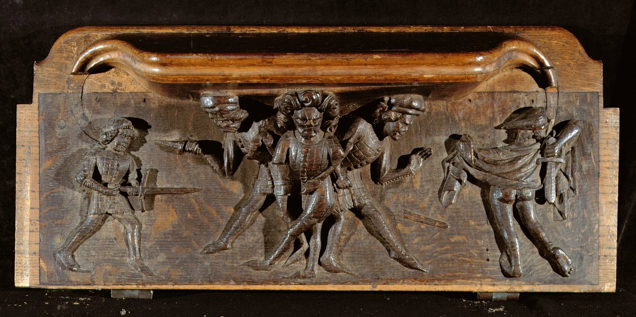 En skadad misericord som föreställer tre män som slåss med dolkar och svärd, New College Chapel, Oxford, sent 1300-tal (trä) av English School