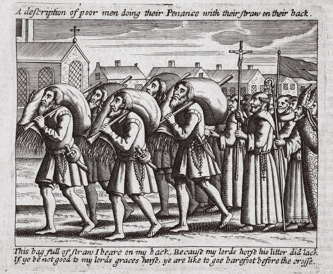 En beskrivning av fattiga män som gör sin bot med sitt sugrör på ryggen, illustration från Acts and Monuments av John Foxe, nionde upplagan, pub. 1684 av English School