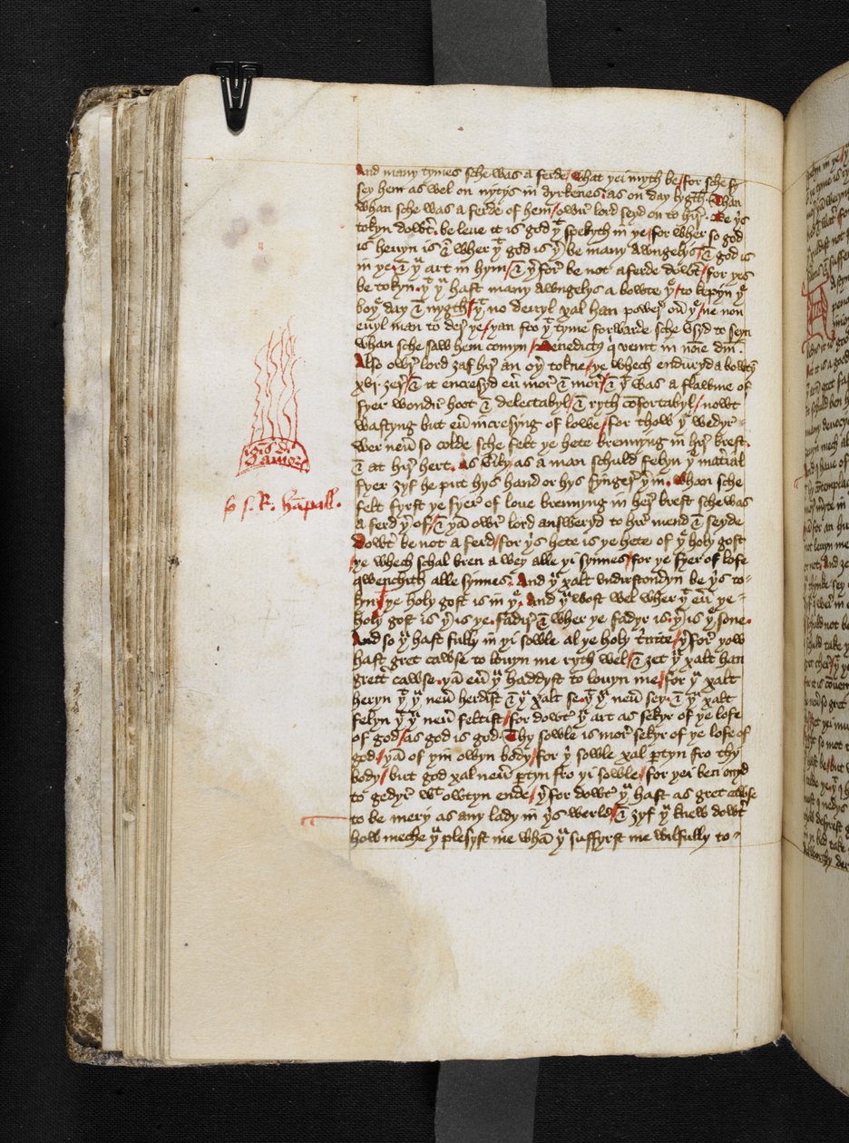 En flamma som föreställer "ignis divini amoris" från The Book of Margery Kempe, Add MS 61823 f.43v, ca 1445-50 (penna och bläck på pergament) av English School