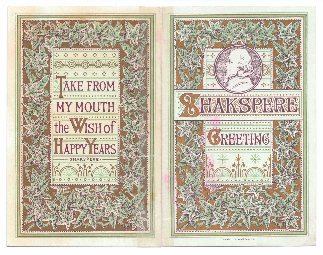 Ett viktorianskt gratulationskort på fram- och baksidan av en bild av William Shakespeare, ca 1880 (lito i färg) av English School