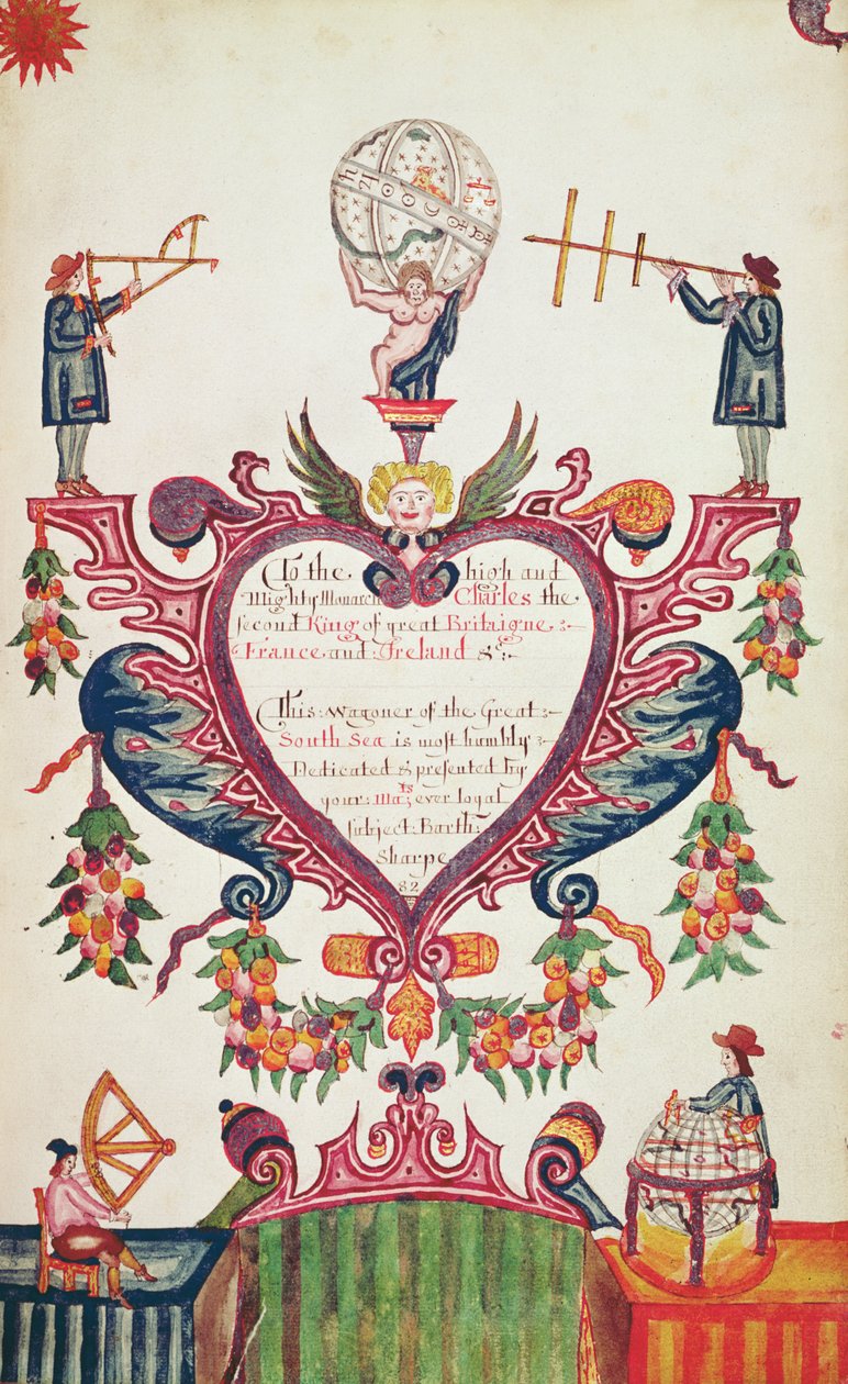 En gåva tillägnad Charles II av Bartholomew Sharp, ca 1681 (penna, bläck och wc) av English School