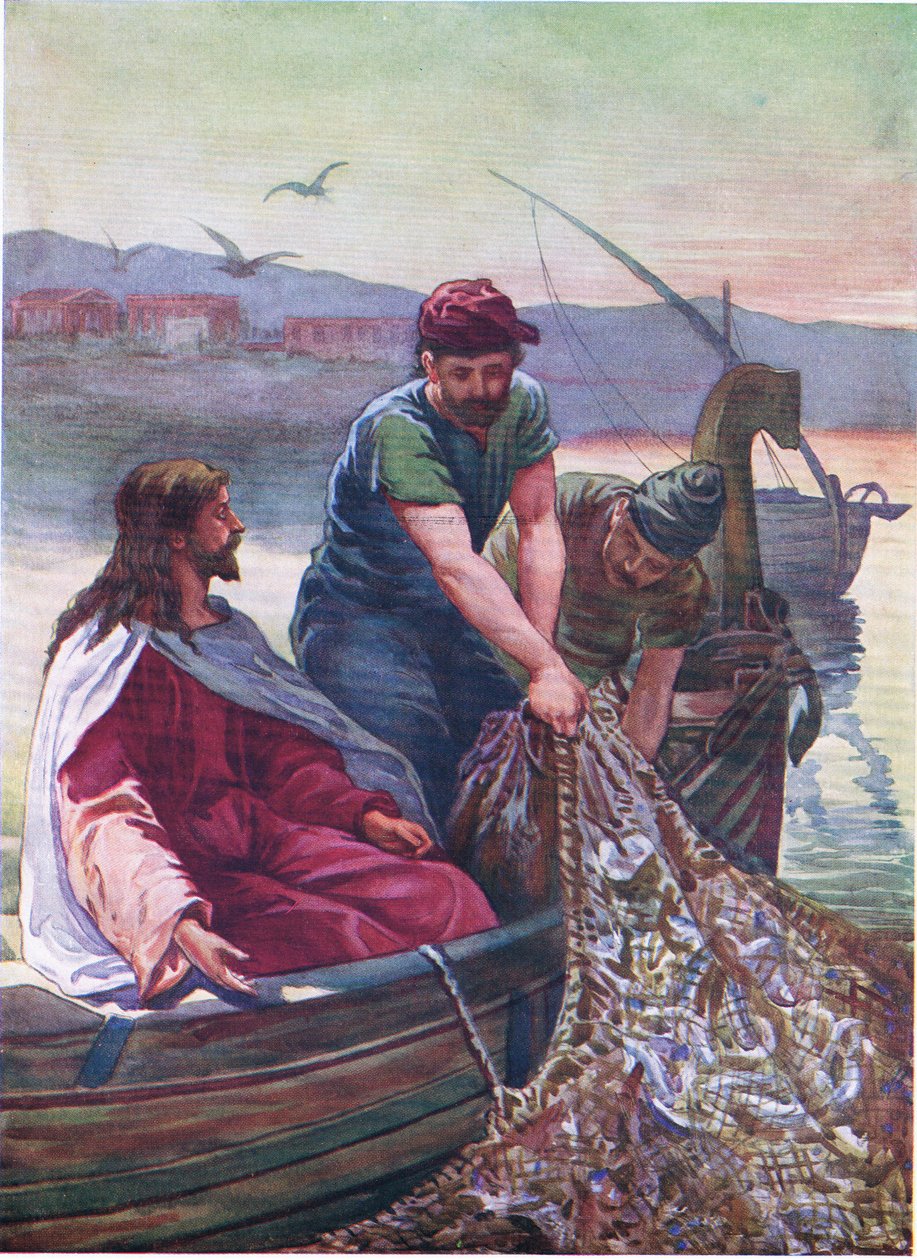 En stor mängd fiskar, från The Bible Picture Book utgiven av Thomas Nelson, ca 1950 (färglitografi) av English School