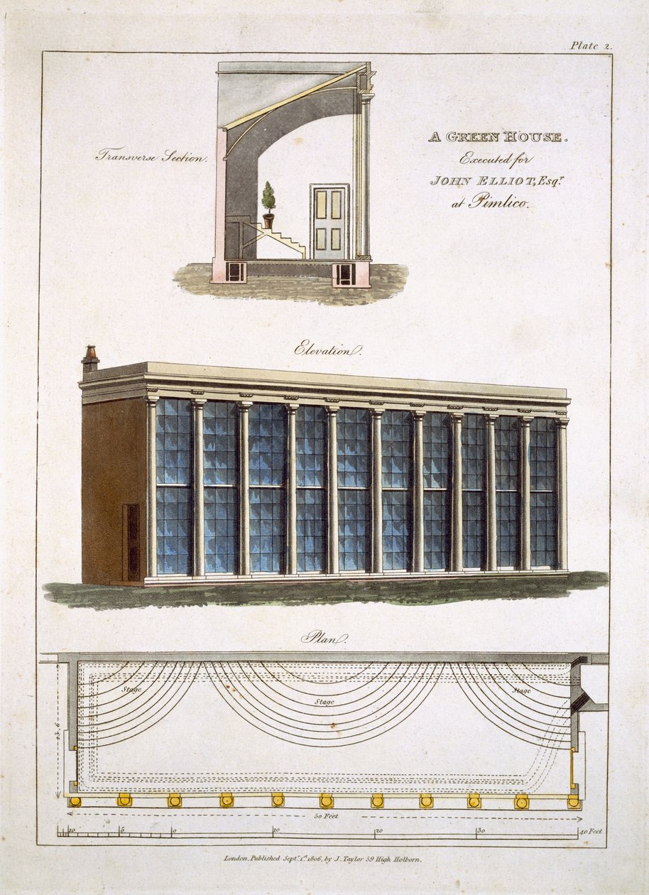 Ett växthus för John Elliott i Pimlico, London, 1806 av English School