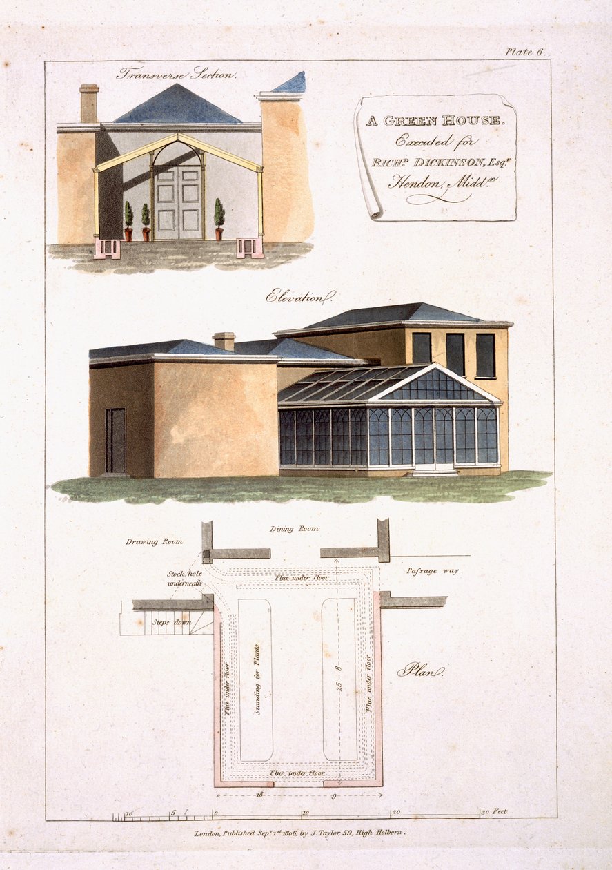 Ett växthus med gotiska detaljer fäst vid ett hus i nyklassisk stil för Richard Dickinson Esq i Hendon, Middlesex, 1806 av English School
