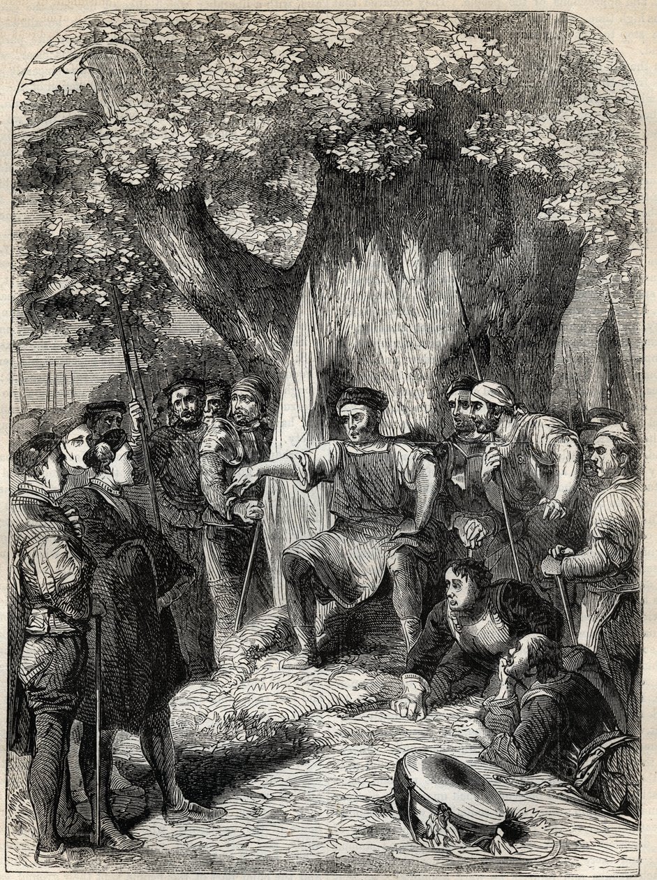 En grupp oliktänkande i Norfolk under Robert Ketts uppror 1549 - revolt i Norfolk, England under Edward VI:s regeringstid - Ket the Tanner (1492-1549) Haranguing sina anhängare under reformationens ek - gravyr från "" History of England" ”b av English School