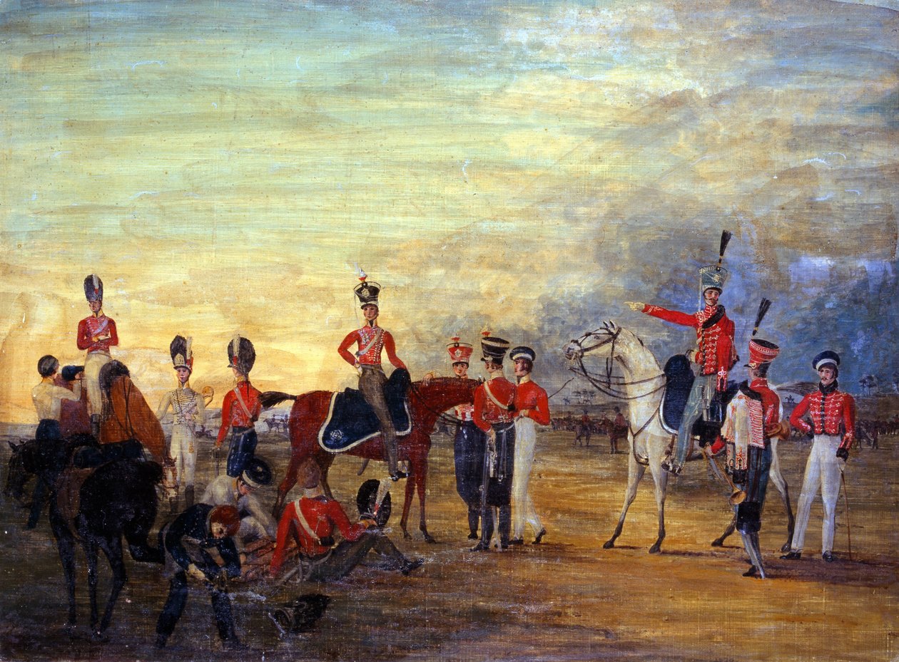 En grupp på- och avstigningsofficerare och män från Yorkshire Yeomanry i olika klädordningar, ca 1820 av English School