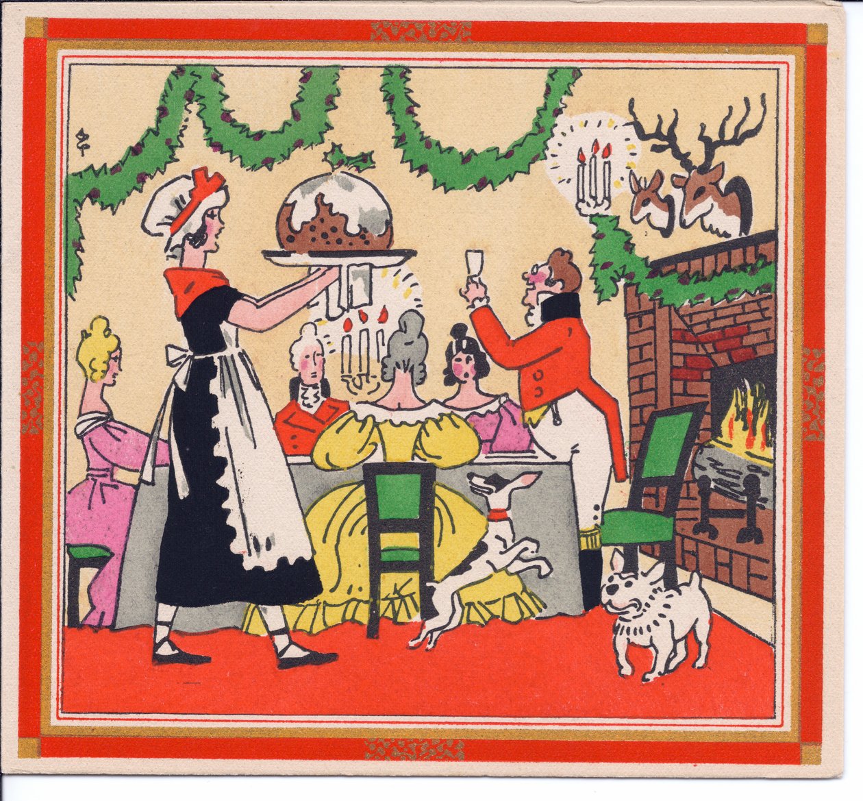 Ett handfärgat franskt Pochoir julkort av en piga som serverar en julpudding, cirka 1920 av English School