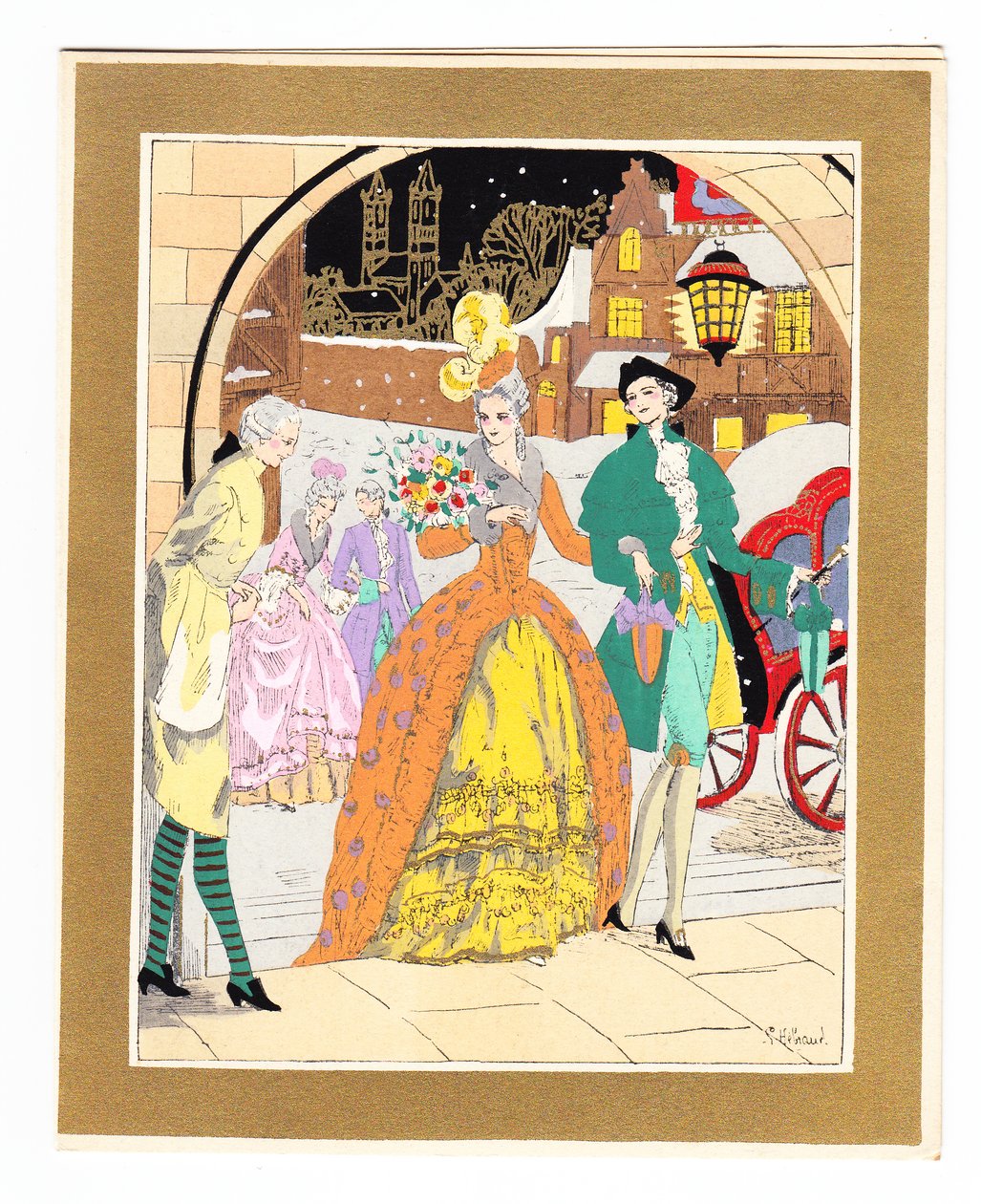 Ett handfärgat franskt Pochoir-julkort föreställande en fotman som hälsar ett par besökare i Regency-klänning, cirka 1920 av English School
