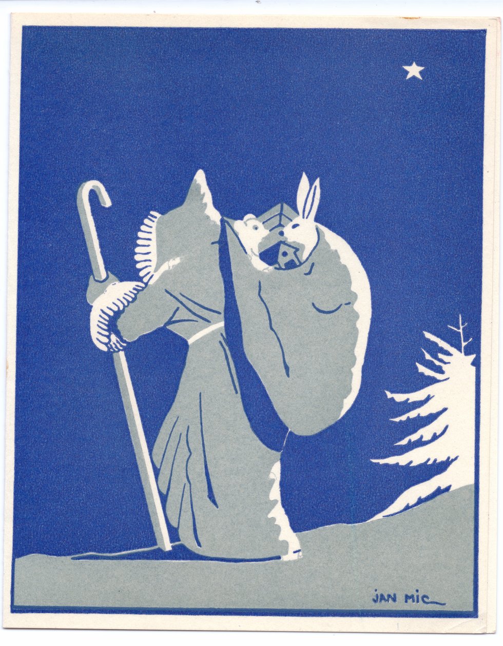 Handkolorerat franskt Pochoir-julkort föreställande jultomten i silhoutte, gående med käpp, bärande på en säck med en kanin och en björn i, ca 1920 (stencil) av English School