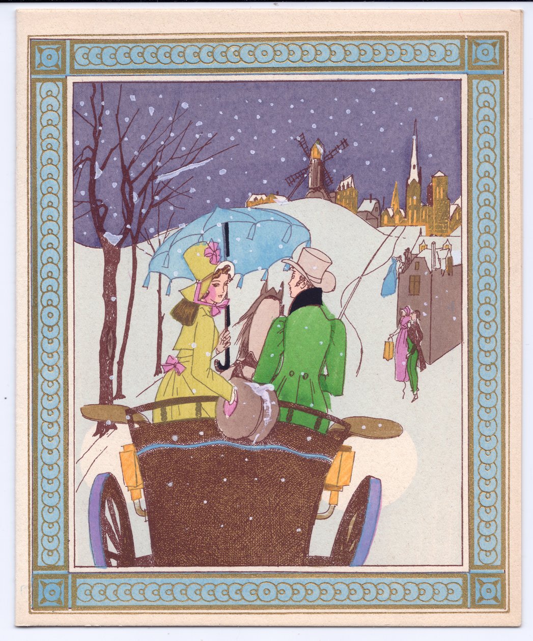 Ett handfärgat franskt Pochoir julkort av ett par Rencecy i en öppen vagn som åker genom snön, cirka 1920 av English School