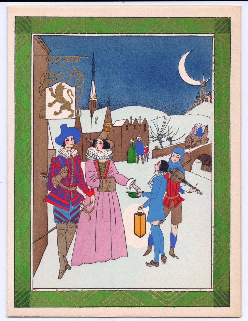 Ett handfärgat franskt Pochoir-julkort av en Tudor-scen med gatumusikanter som belönas för sitt framträdande, cirka 1920 av English School