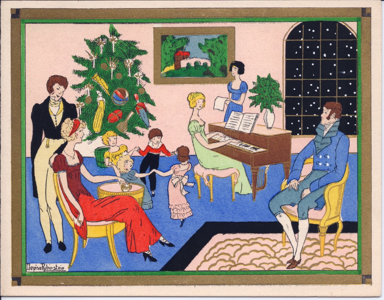 Ett handfärgat franskt Pochoir-julkort från en julfest för en Regency-familj, med dans och musikunderhållning, cirka 1920 av English School