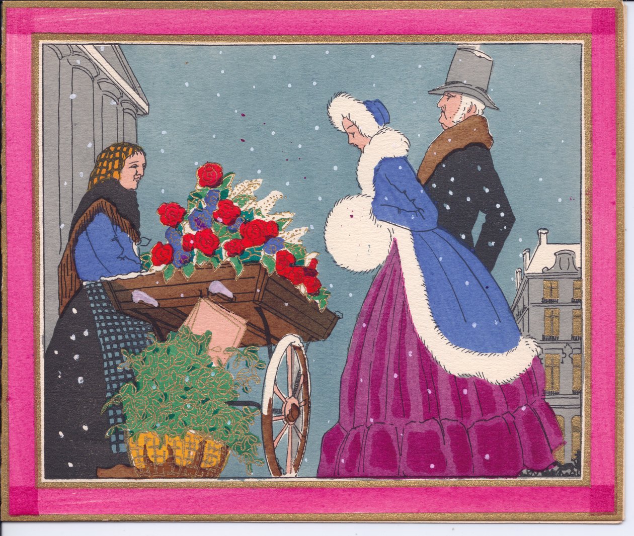 Ett handfärgat franskt Pochoir-julkort av en viktoriansk blomstersäljare, som visar hennes kärra av rosor för förbipasserande, cirka 1920 av English School