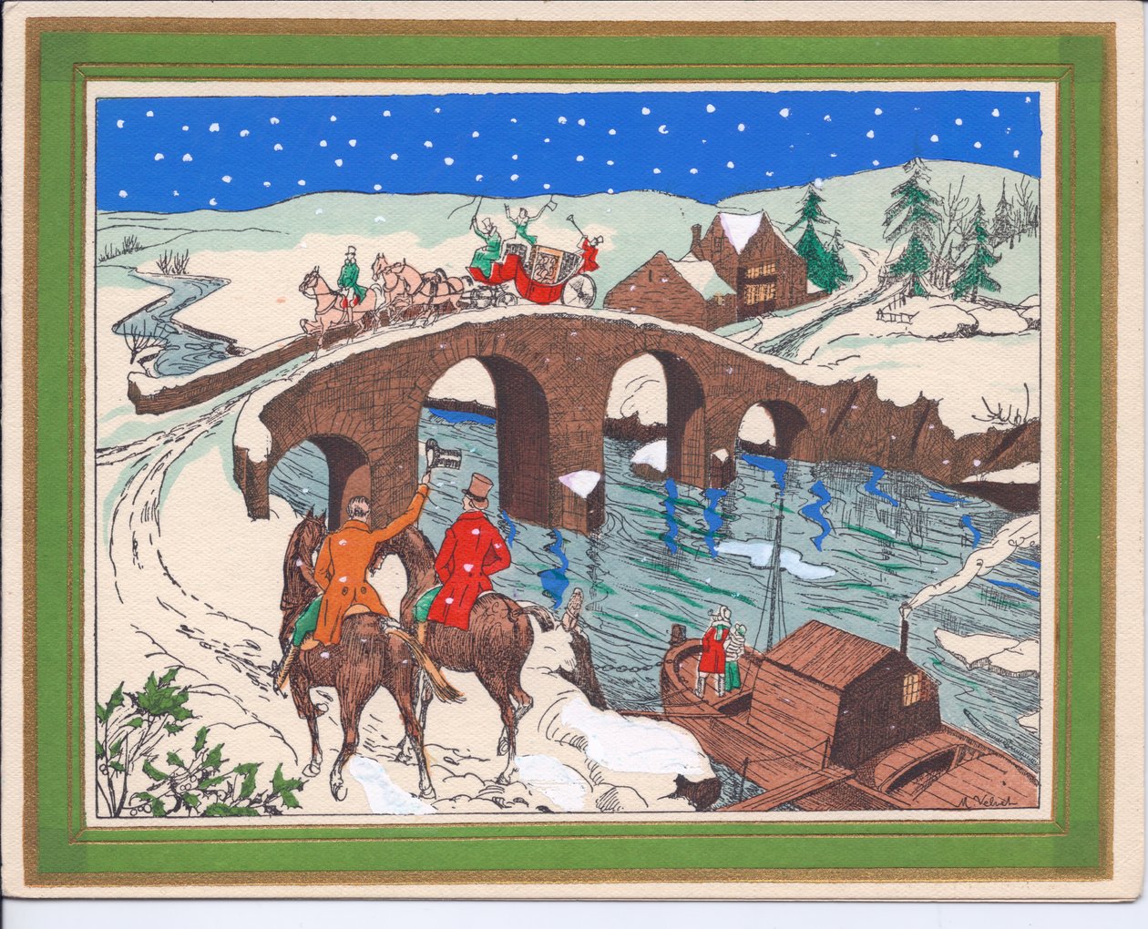 Ett handfärgat franskt Pochoir-julkort av en vagn dragen av hästar som korsar en bro och en ryttare som höjer hatten som hälsning, cirka 1920 av English School