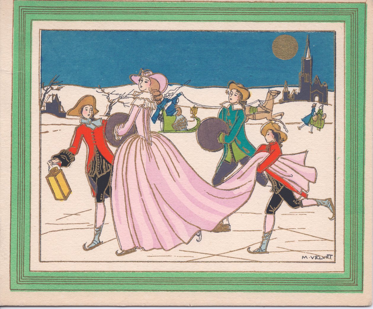 Ett handfärgat franskt Pochoir-julkort av en dam i en flödande rosa klänning som åker skridskor med skötare som håller i en lykta och hennes spår, cirka 1920 av English School