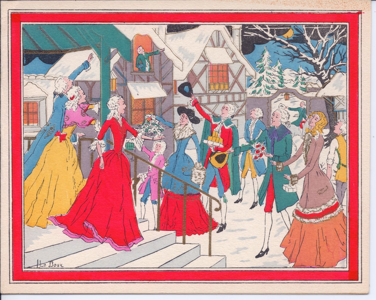 Ett handfärgat franskt Pochoir-julkort från en vinterscen i Tudor-tiden, cirka 1920 av English School