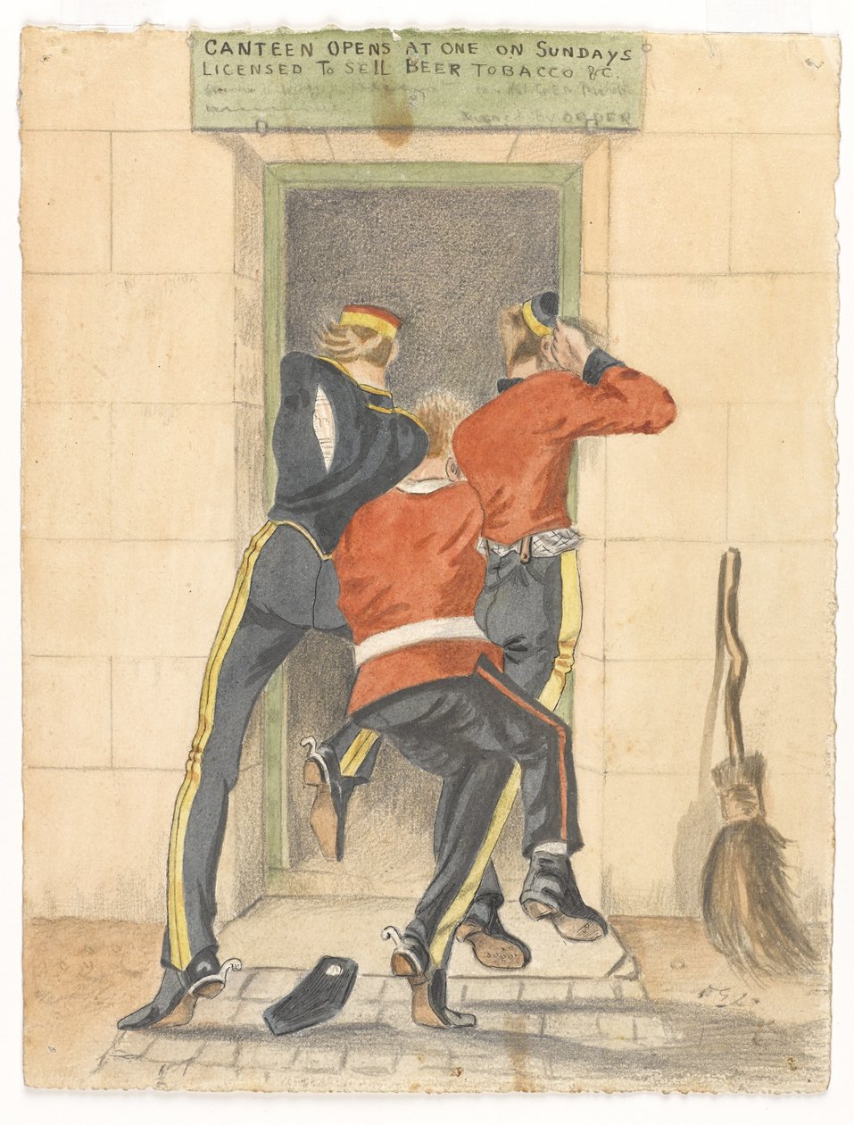 En husar, en infanterist och en drake, alla i avklädningsuniform, på väg mot ingången till en matsal, ca 1890 av English School