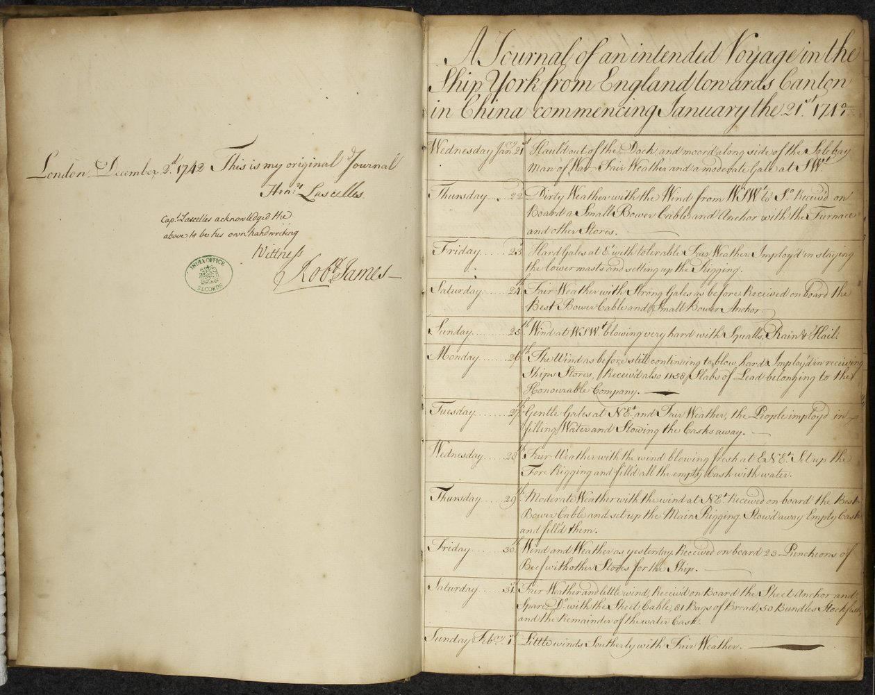 "En journal över en planerad resa i Ship York från England mot Kanton i Kina med början den 21 januari av English School