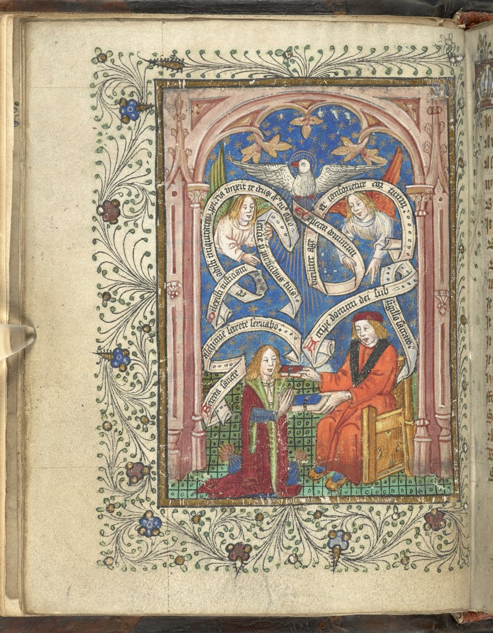 En knästående elev, kanske representerande författaren, Norton, som tar emot en bok från sin mästare, med änglar, skrivna rullar och en duva ovanför. Ordinal of Alchemy. Thomas Norton 4:e kvartalet av 1400-talet av English School