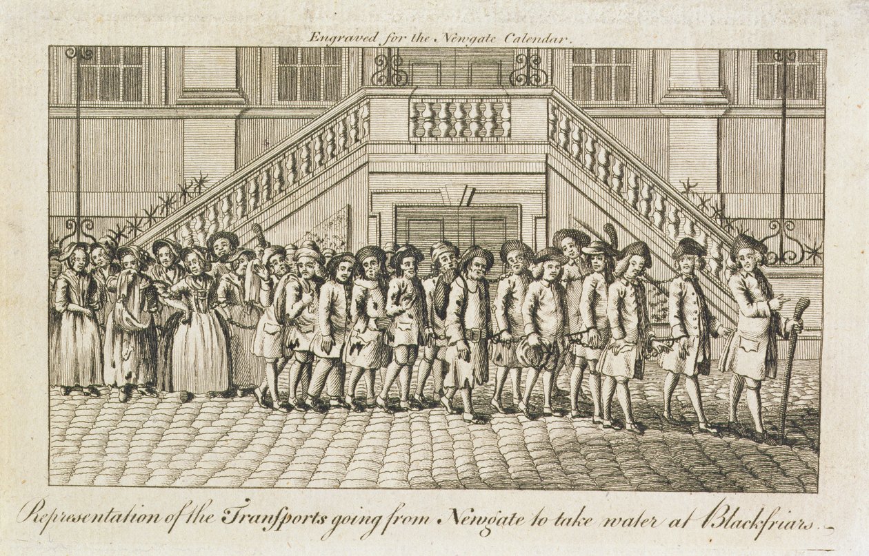 En rad kedjade fångar från Newgate Prison, Old Bailey, fördes till Blackfriars för transport, ca 1760 av English School