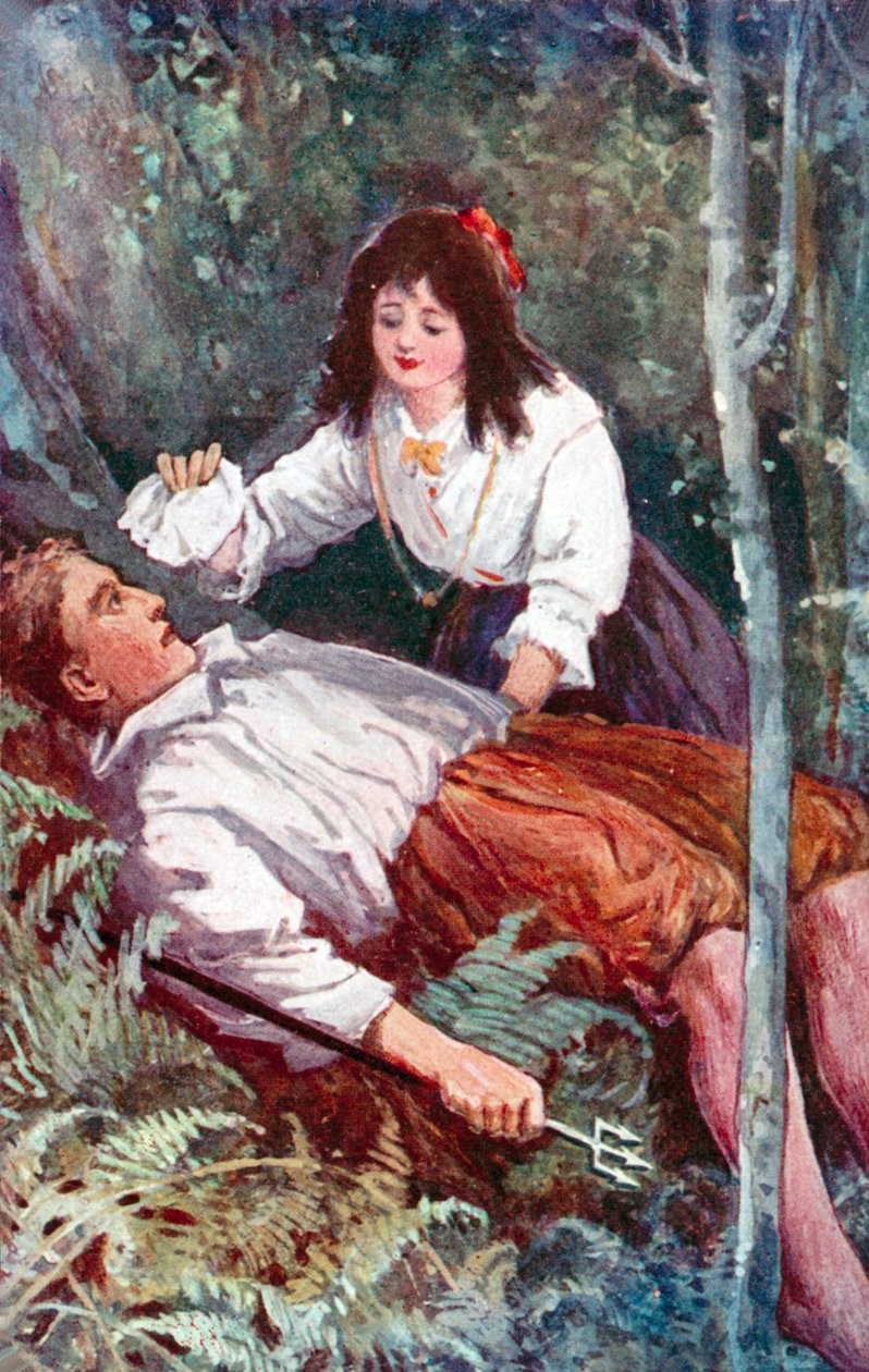 "En liten flicka knäböjde vid min sida" (färglitografi) av English School