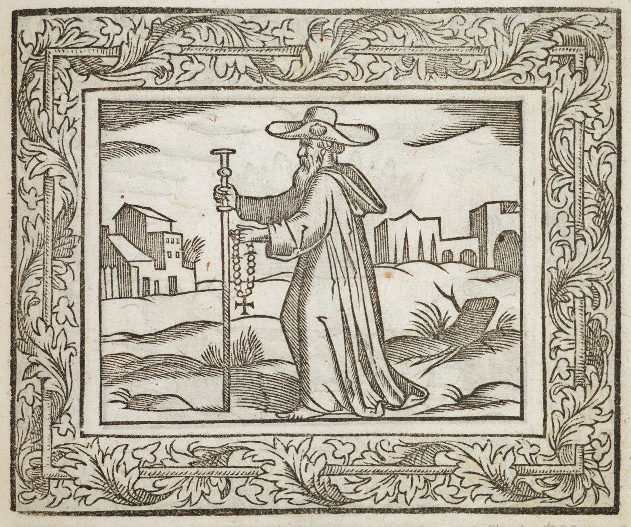 En man som håller en stav och ett krucifix, illustration från "Minerva Britanna..." av Henry Peacham den yngre av English School